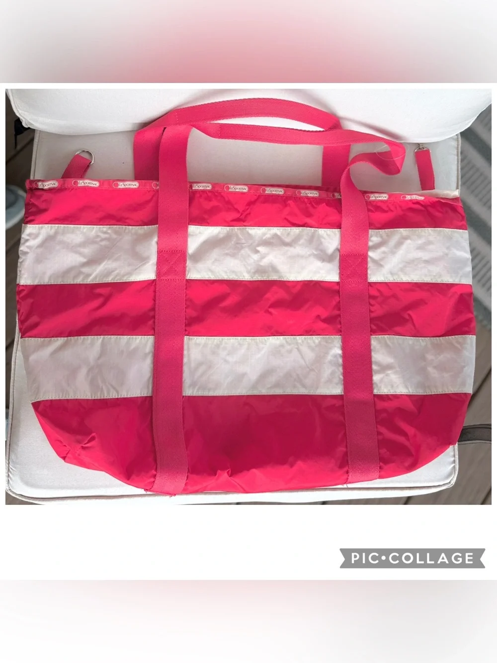 LeSportsac Pink Stripe Nylon Tote Bag Hook Top Large Travel Gym Beach